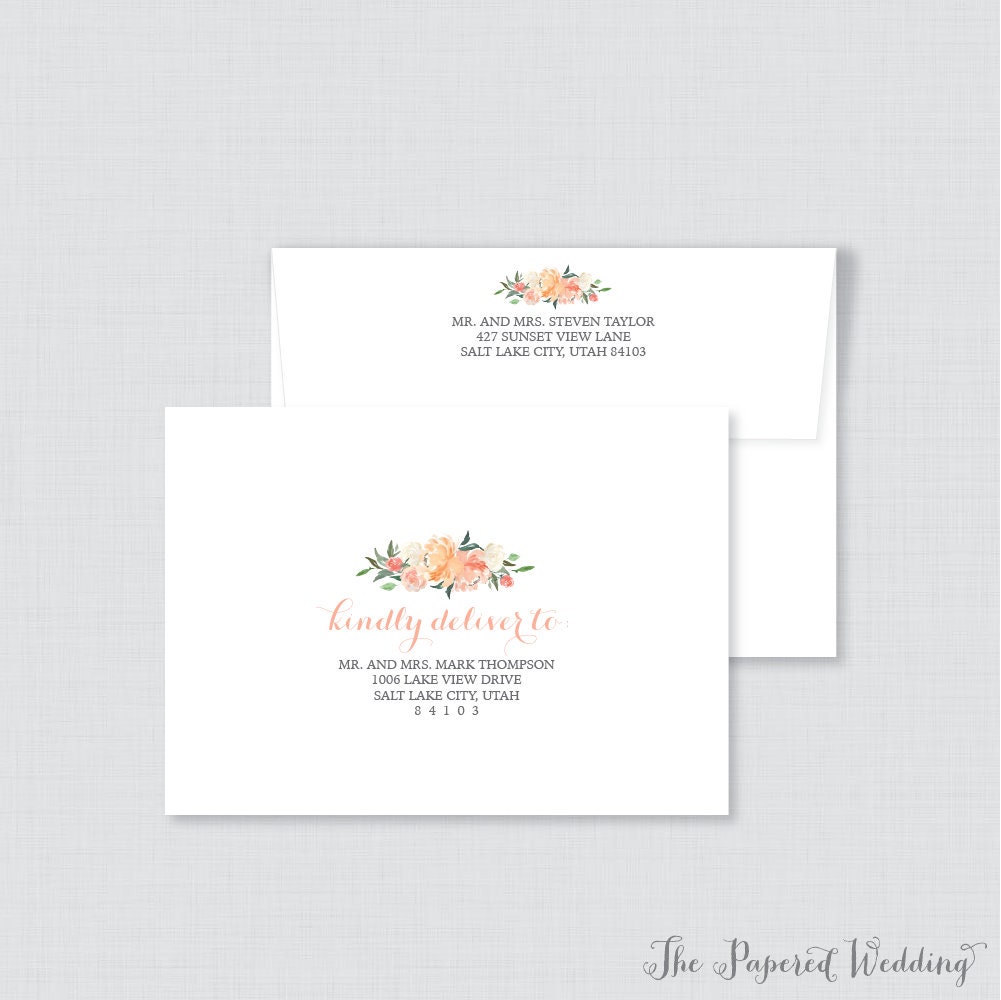 Peach Floral Wedding Envelopes - Printed With & Cream Flowers Custom Peach, Cream, Green 0009