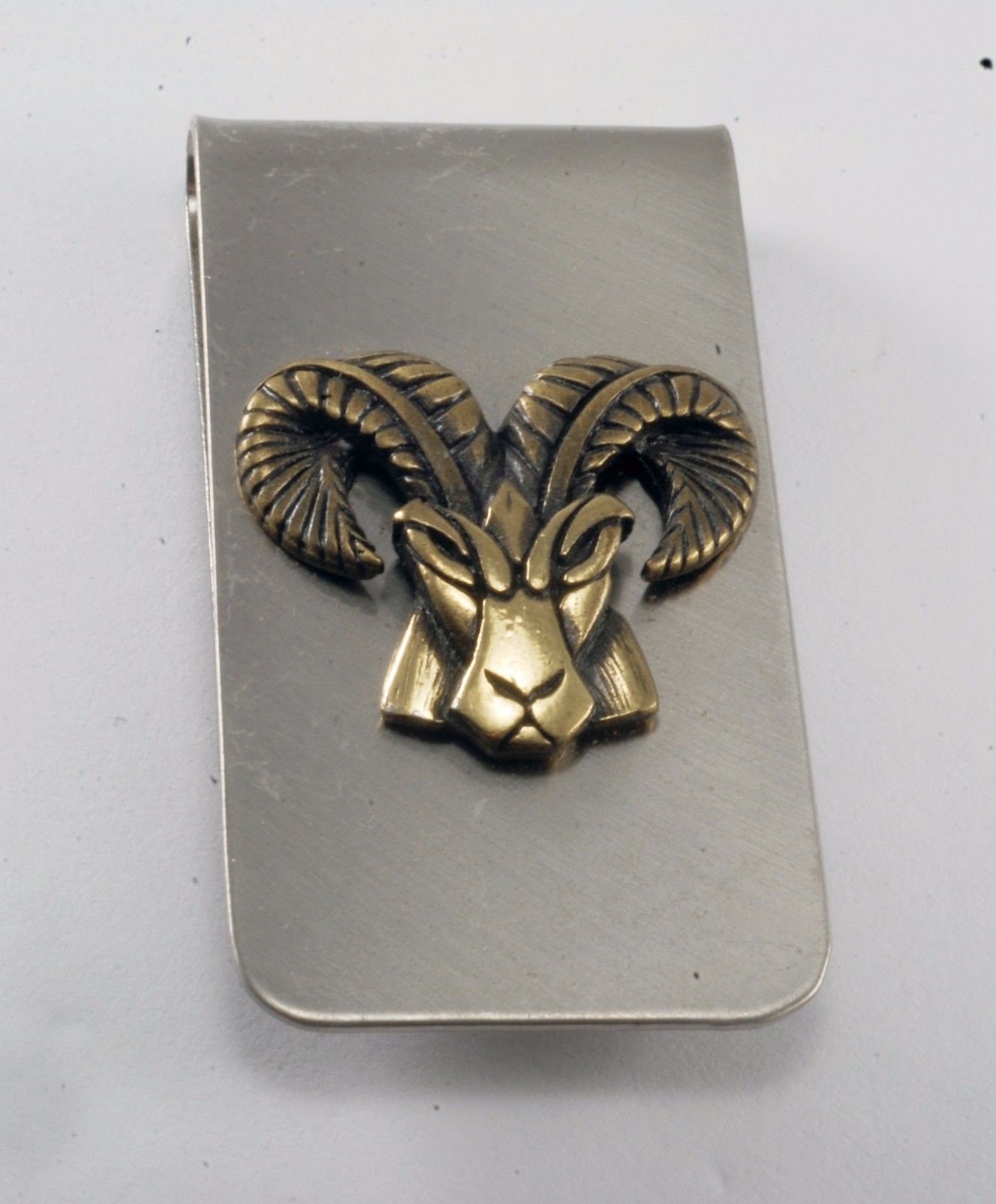 Vintage Collectible Ram Head Silver Tone Metal W Gold Money Clip Nos