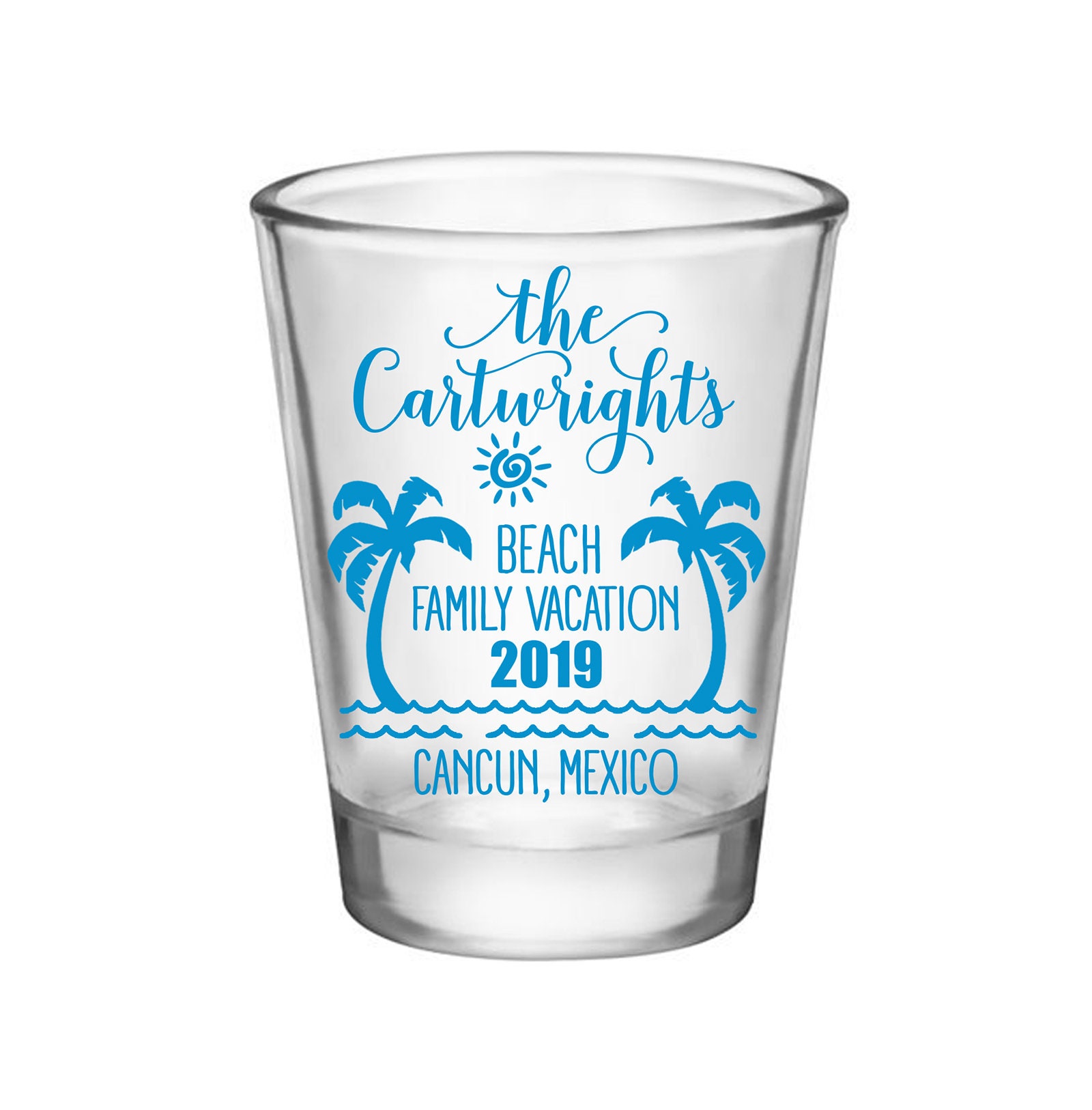 Clear/Frosted Beach Vacation Family Reunion Party Favors Gifts Personalized Shot Glasses | 50 Print Colors