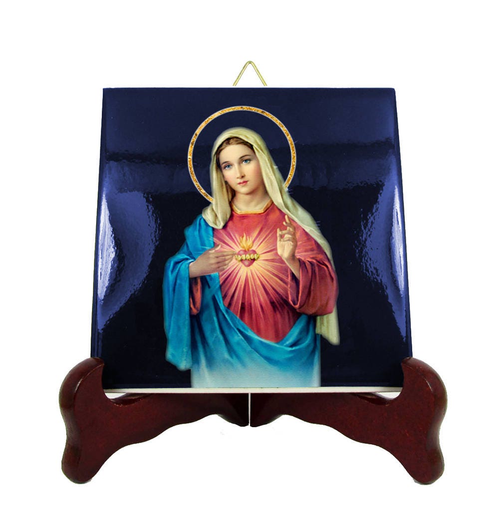 Catholic Gifts - Immaculate Heart Of Mary Catholic Icon On Ceramic Tile Virgin Art Religious