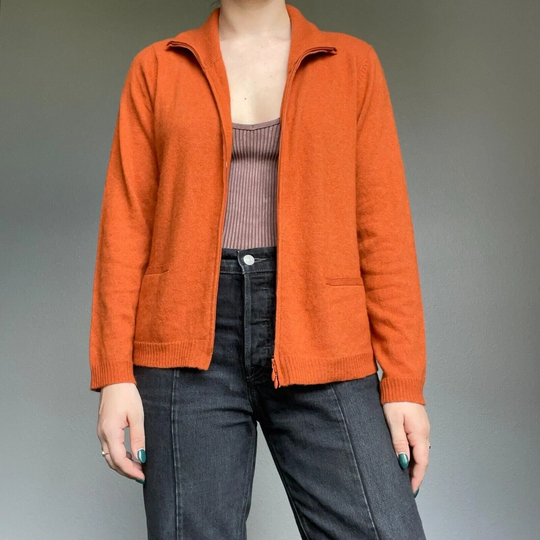 Eileen Fisher Orange Wool Blend Lightweight Zip Cardigan Warm Sweater Sz L