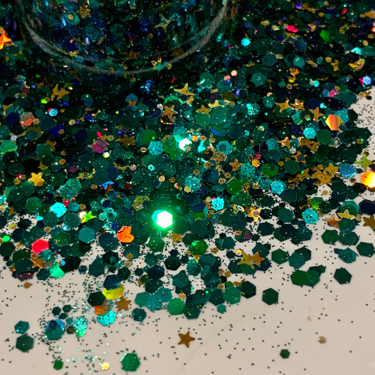 Emerald City - Custom Chunky Glitter Blend/Color Shift Green Blues W/Gold Holo Stars 2 Oz Bottle Harlequins Geode Tumbler