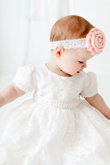 White Lace Baptismal Gown, Infant Christening Dress, Unique Baby Girl Boho Flower
