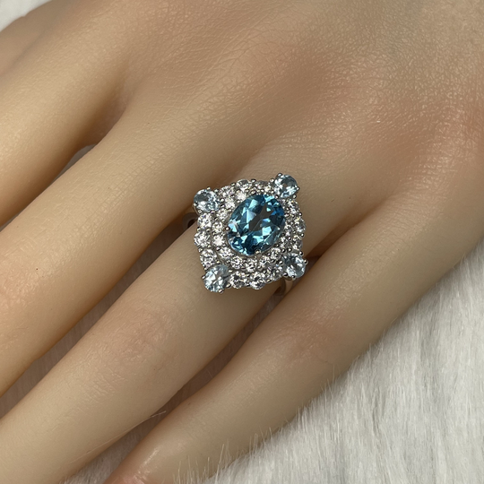 Natural Swiss Blue Topaz Gemwith S925 Sterling Silver Plated 18K Gold/Birthstone Of Nov/Adjustable Opening/Anniversary Gift/Engagement Ring