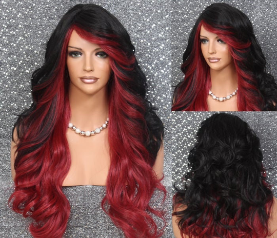 Black Red Human Hair Blend Long Heat Ok Wig Wavy Bangs Layered Cancer Alopecia Theatrical Character Anime Emo