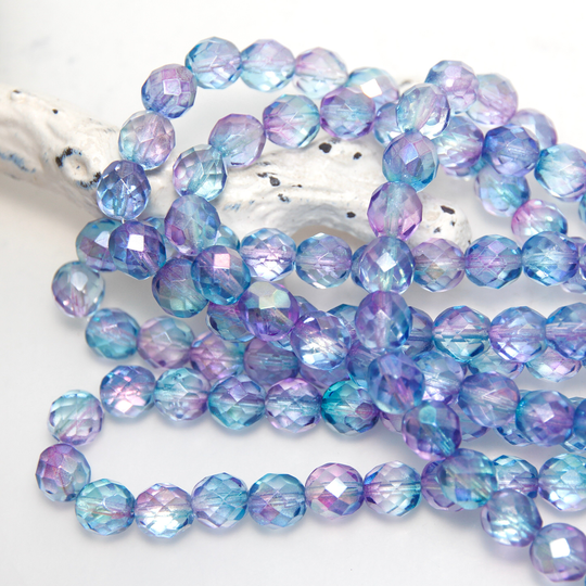 Purple Green Coated Transparent Blend 8mm Fire Polished Crystal Beads X 8