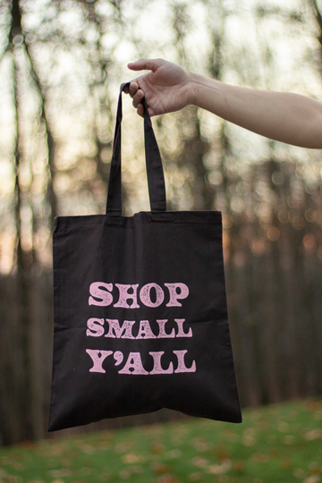 Shop Small Y'all Brown & Pink Tote Bag | Screenprint Screen Printed Canvas