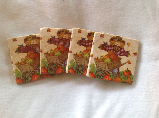 Scarecrow Autumn Coasters For The Upcoming Holidays, Made Out Of 4" X Ceramic Stone Tiles