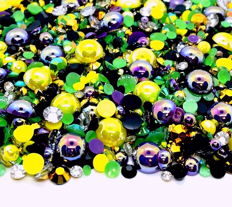 Mardi Gras Blend Rhinestone Mix 2mm-10mm Flatback Jelly Resin | Faux Pearls Mixed Sizes, Yellow Green Purple Gold