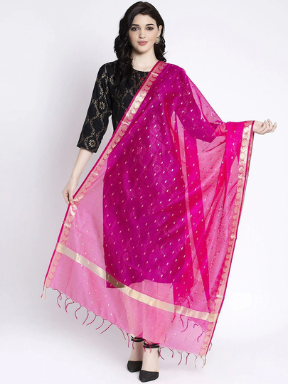 Women's Silk Blend Magenta Pink & Gold-Coloured Woven Design Dupatta Free Shipping
