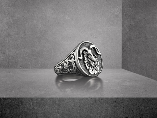 Ram Mens Oval Animal Signet Ring, Engraved Aries Zodiac Sign Ring For Boyfriend, Nature To Husband, Remembrance Gift Dad