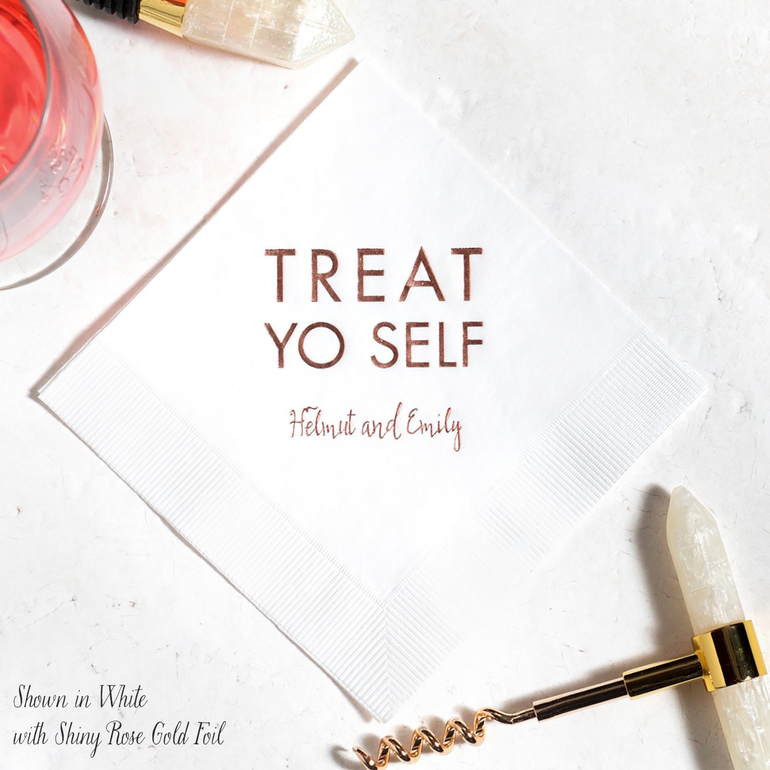 Treat Yo Self Cocktail Napkins - Wedding Napkins, Decor, Party Decorations, Foil Stamped, Bar Dessert Table, Valentines
