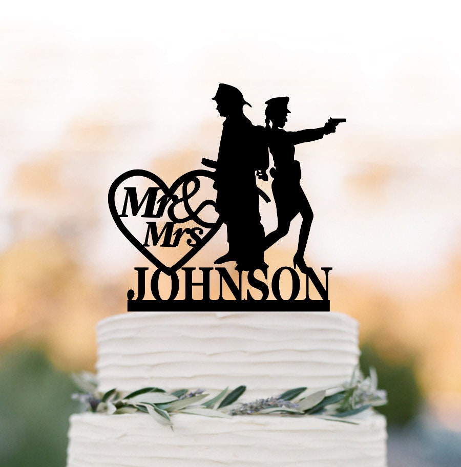 Police Female Wedding Cake Toppers Fireman Name & Mr Mrs, Firefighter Police Silhouette Cake Topper