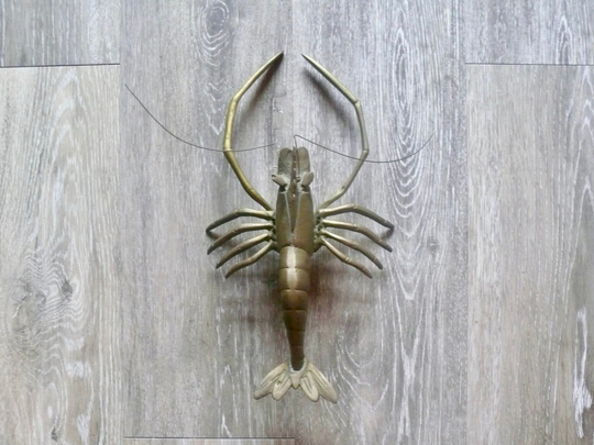 Large Brass Prawn Wall Hanging, Vintage 12" Crawfish Lobster Paperweight Figurine, Boho Crustacean Seafood Accent, Beach Ocean Life Decor