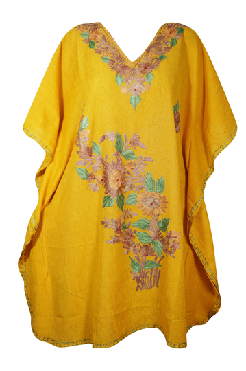 Womens Short Caftan Dress Spring Fashion Embellished Fire Yellow Floral Lounger Cover Up Bohemian Loose Tunic Dresses One Size L-3xl