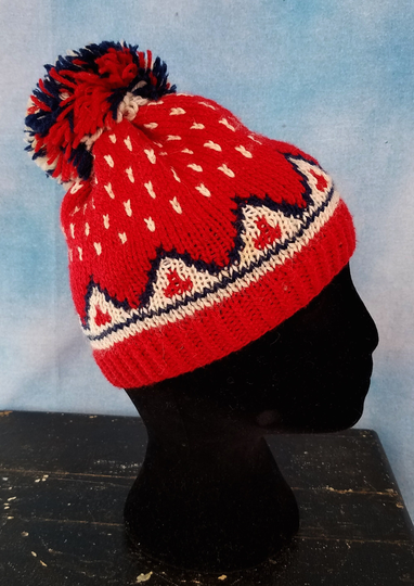 Vintage 80S Kids Knit Wool Blend Nordic Style Winter Beanie Hat, Red White & Blue With Huge Pompom/ Head Size 16"-22"