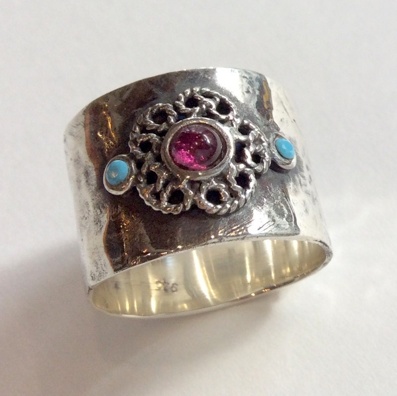 Wide Silver Band, Sterling Ring, Birthstones Turquoise Stone Garnet Statement Ring - Just The Two Of Us R2050