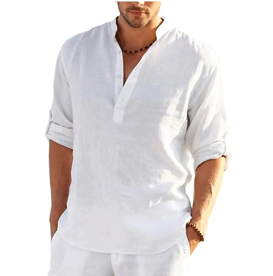 Cotton Blend Summer Henley Shirt, Long Sleeve Light Weight Men Modern Linen Shirt