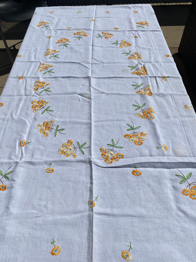 Yellow & Orange Embroidered Daisy Mum Linen Tablecloth
