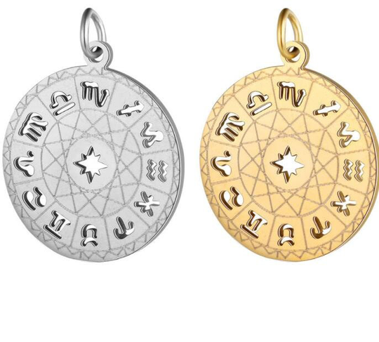 10Pcs Round Zodiac Symbol Constellation Charm, 18K Gold Plated Stainless Steel Findings, Compass Hollow Pendant