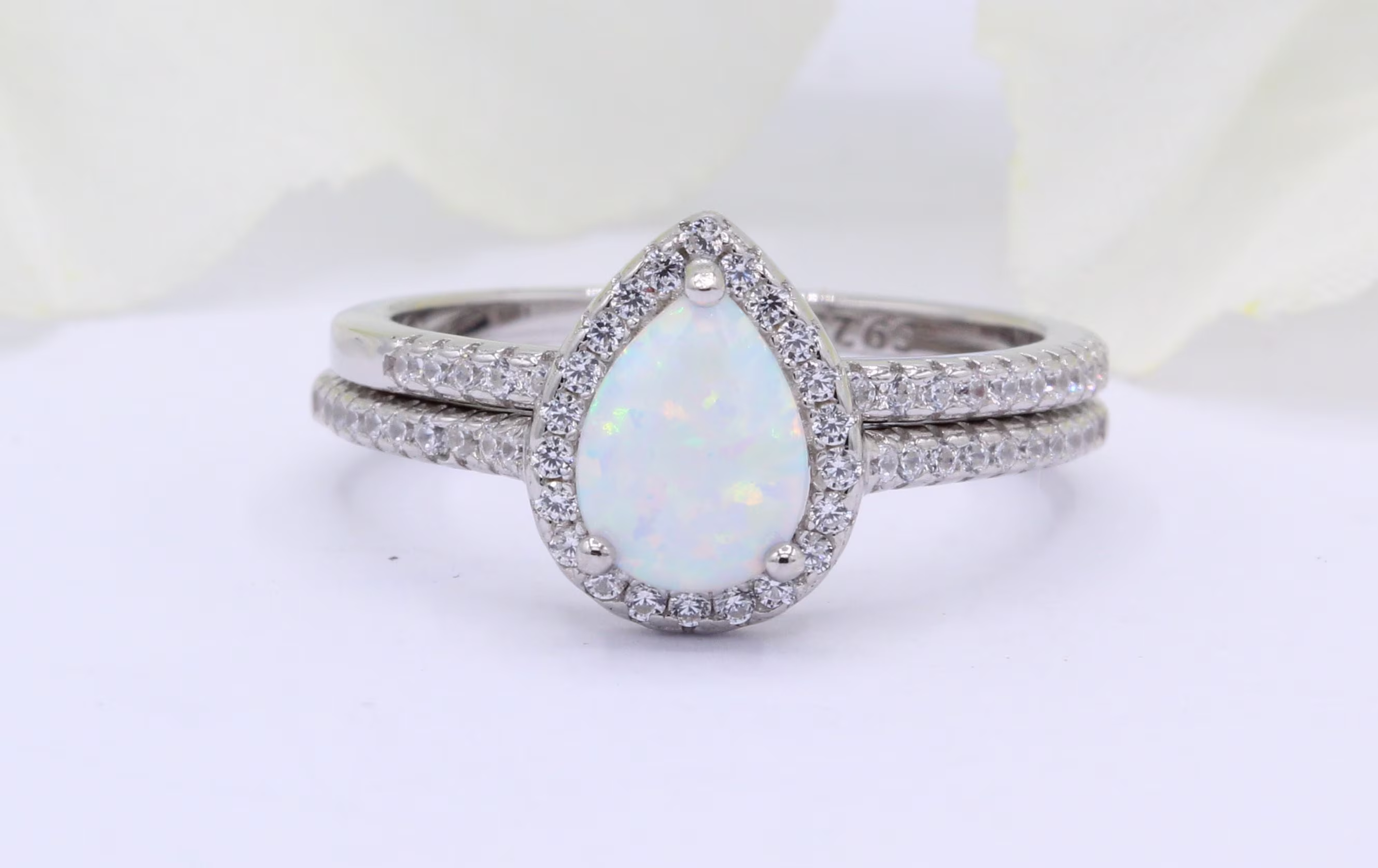 Two Piece Cz Halo Teardrop White Lab Opal Art Deco Wedding Engagement Ring Round Band Solid 925 Sterling Silver Choose Your Stone