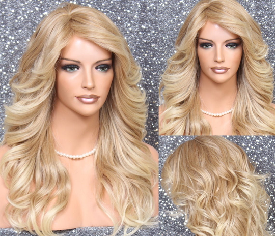 Human Hair Blend Long Full Luscious Heat Ok Wavy Wig Romantic Feathered Sides Bangs Layers Of Beautiful Blonde Mix Cancer Alopecia