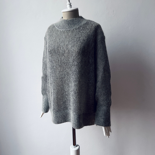Soft Mohair & Wool Blend - Women Oversized High Neck Knit Light Gray Sweater/Relaxed Fit Jumper