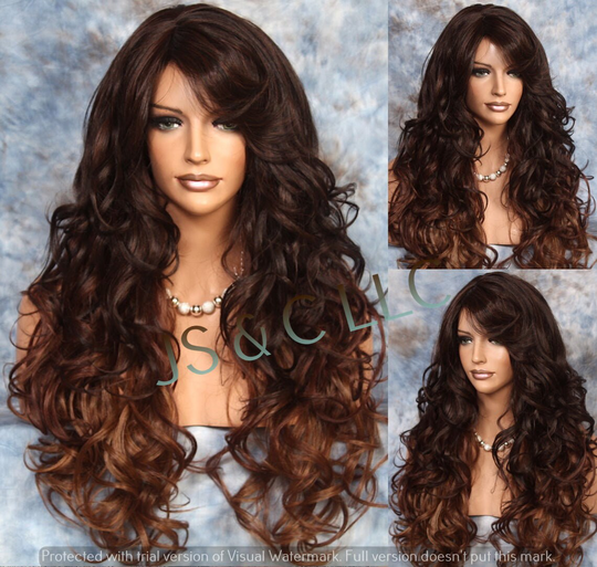 Auburn Mixed Ombre Human Hair Blend Wig Layered & Curly Full Bangs Heat Ok Cancer Alopecia Theater Cosplay Anime Emo Celebrity Pageant