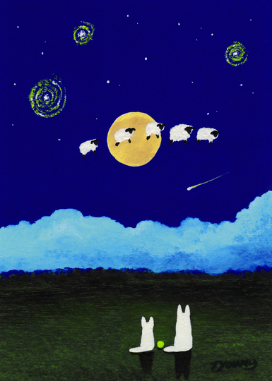 White German Shepherd Dog Family Puppy Outsider Folk Art Print Of Todd Young Counting Sheep