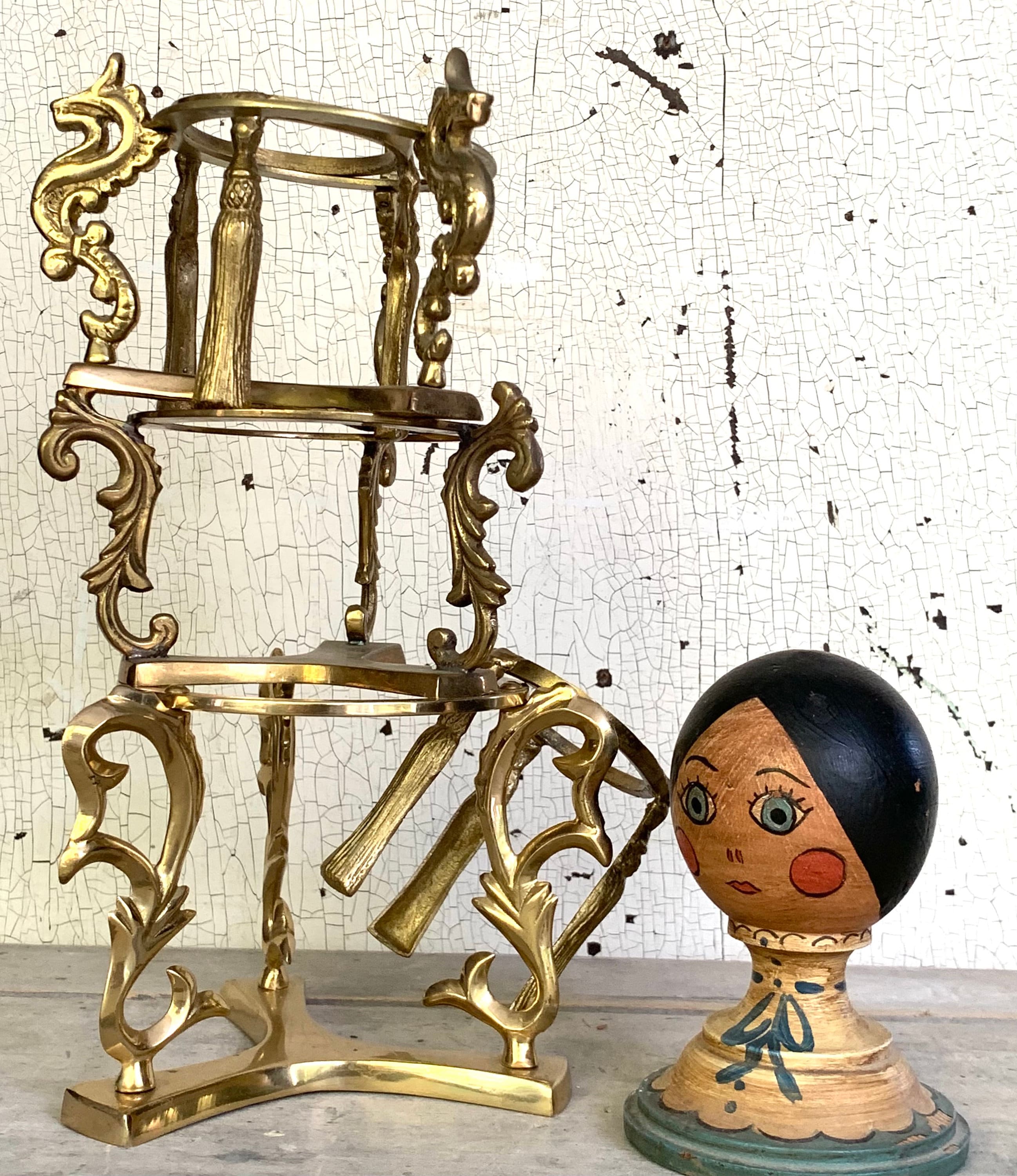 Set Of 5 Brass Stands Lot Tripod Ornate Crystal Ball Sphere Bowl Orb Ostrich Egg Holder Rams Head Dragon Hollywood Regency