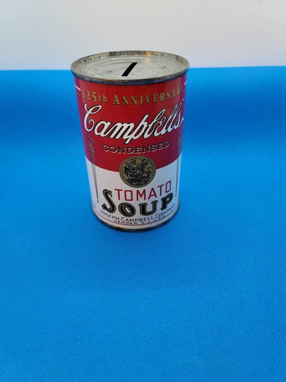 Pair Of 125Th Anniversary Campbell's Tomato Soup Tin Can Coin Bank, Advertising Piece From 1994, 4 Inches Tall, 2.75 Diameter | 1568