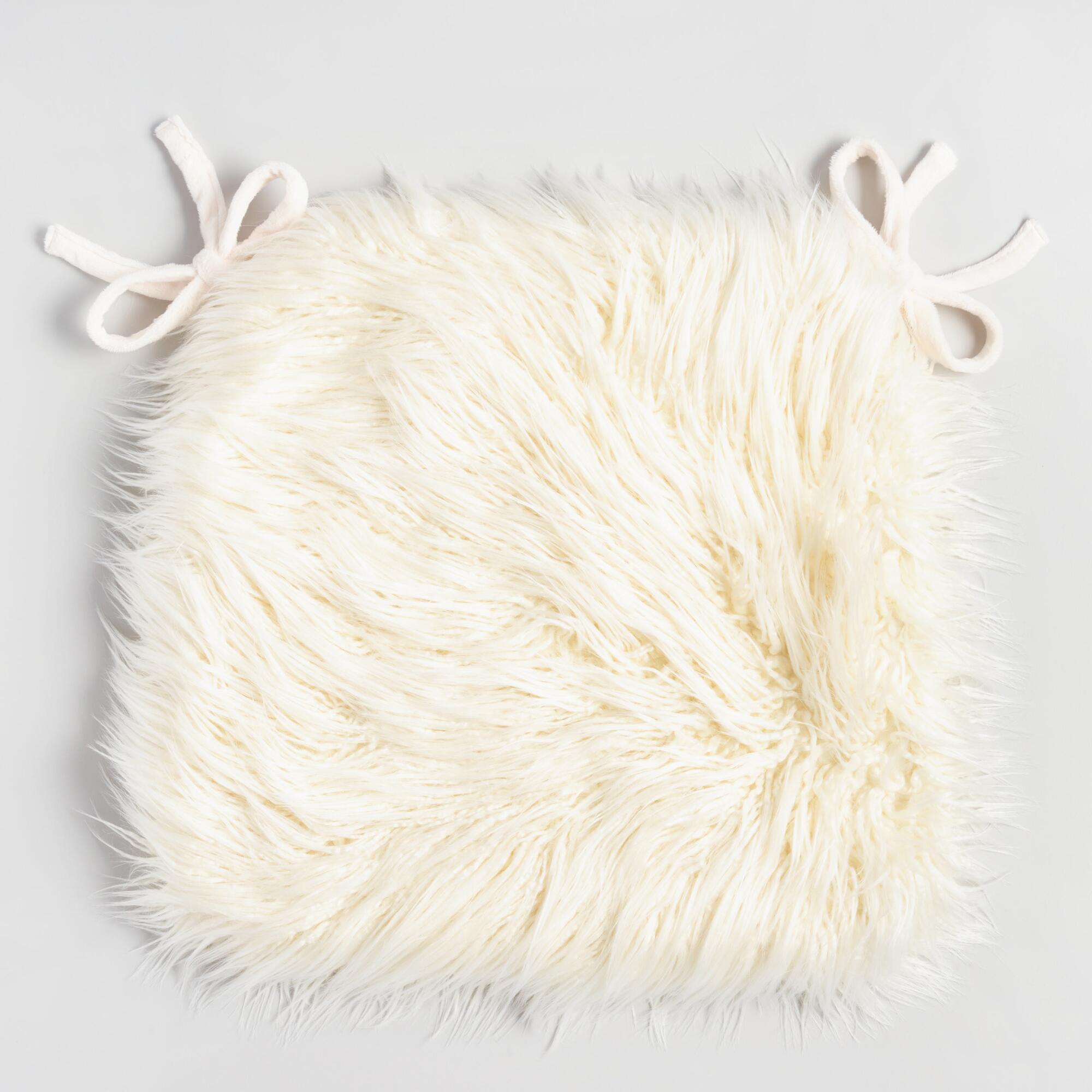 Ivory Mongolian Faux Fur Chair Cushion: White - Acrylic by World Market