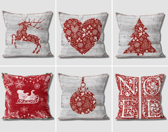 xmas Pillow Covers, Christmas Throw Case, Pine Tree Top, Deer Cushion Snowflake Pillow, Red Gray Pillows, Gift