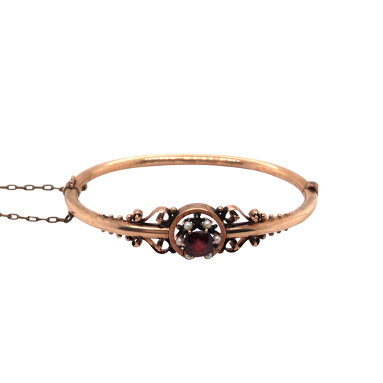 Victorian 14K Yellow Gold Garnet & Seed Pearl Bangle Bracelet
