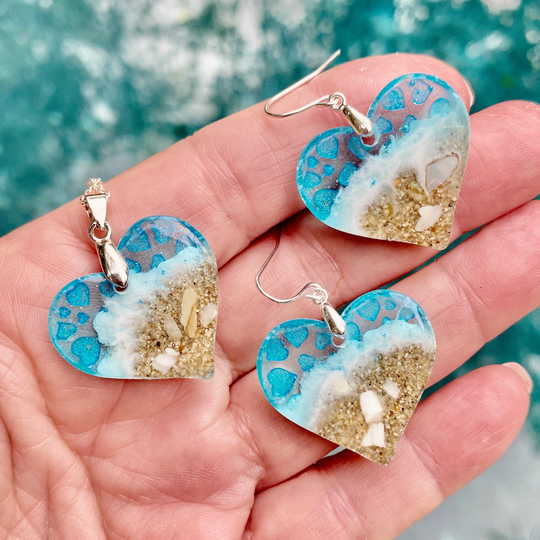 Heart Shaped Beach Earring & Pendant With Etched Hearts, Jewelry, Valentine Pendant, Tropical Jewelry