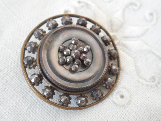 Antique 1 1/8" Iridescent Mother Of Pearl Shell & Open Riveted Cut Steel Metal Adorn Sewing Supply Craft Finding Closure Fastener Button