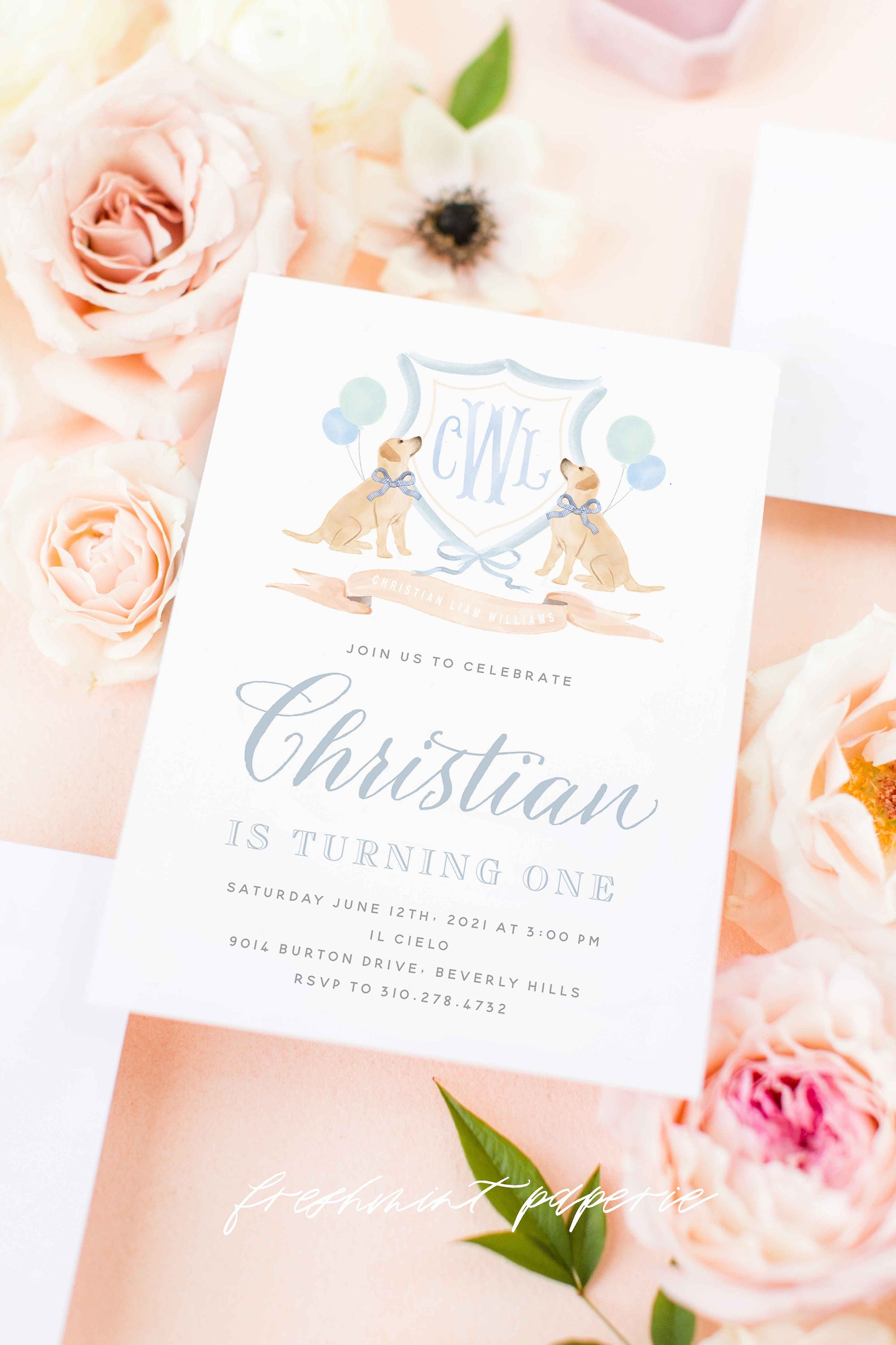 Watercolor Puppy Crest Invitations - Labrador Invitation Birthday Invitation Party Love Dog