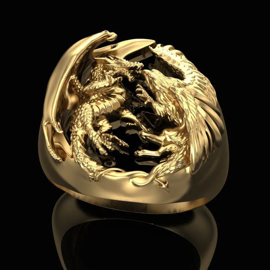 Griffin & Dragon Ring, 14Kt Gold Plated Griffon Men Ring, Flying Gift For Her