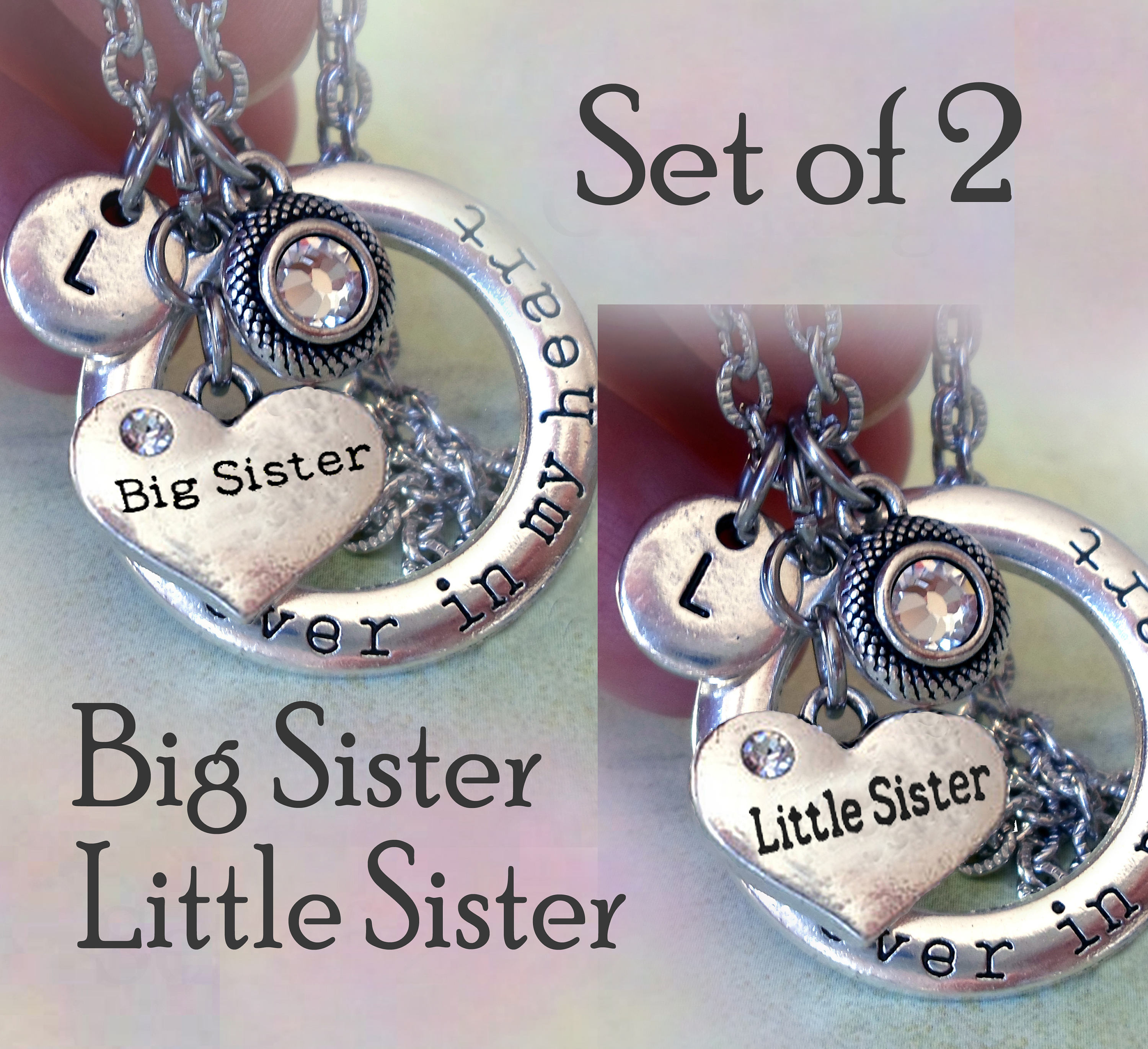 Set Of 2 Big Sister & Little Forever in My Heart Necklaces W-Letter Charms Your Choice, Gift, Gift