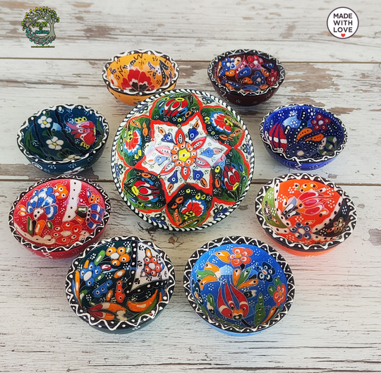 7x Handmade Ceramic Bowls Set | Large Small Turkish Pottery For Breakfast Dinnerware Sauce Tapas Nuts Snack Prep Paper