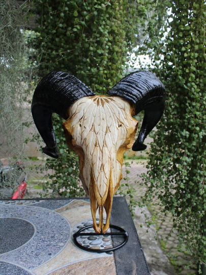 Ram Skull Carving - Real Hand Carved Ram With Horn