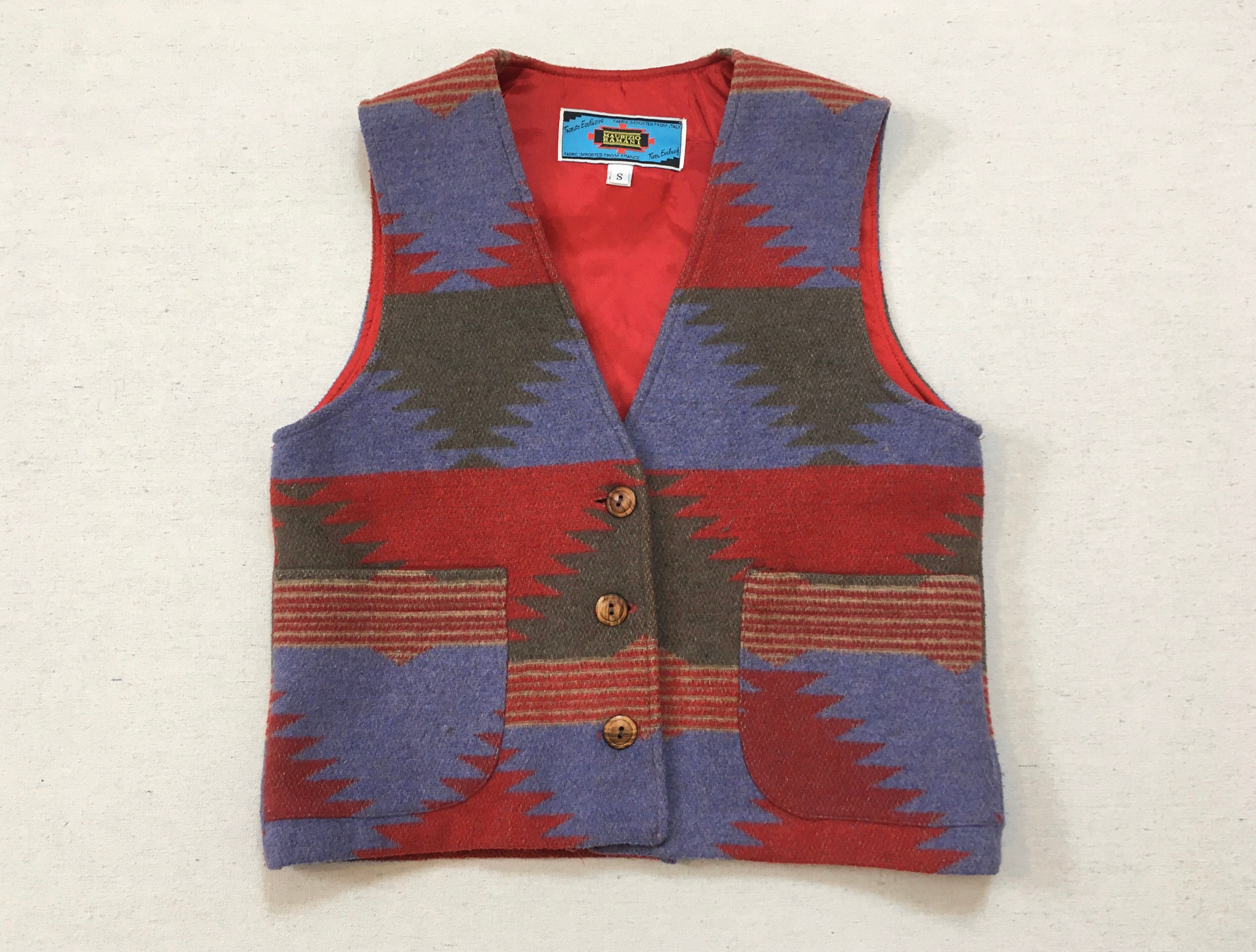 1990's, Wool Blend, Vest, in Burgundy, Dusty Lavender & Dried Sage, Southwest Design
