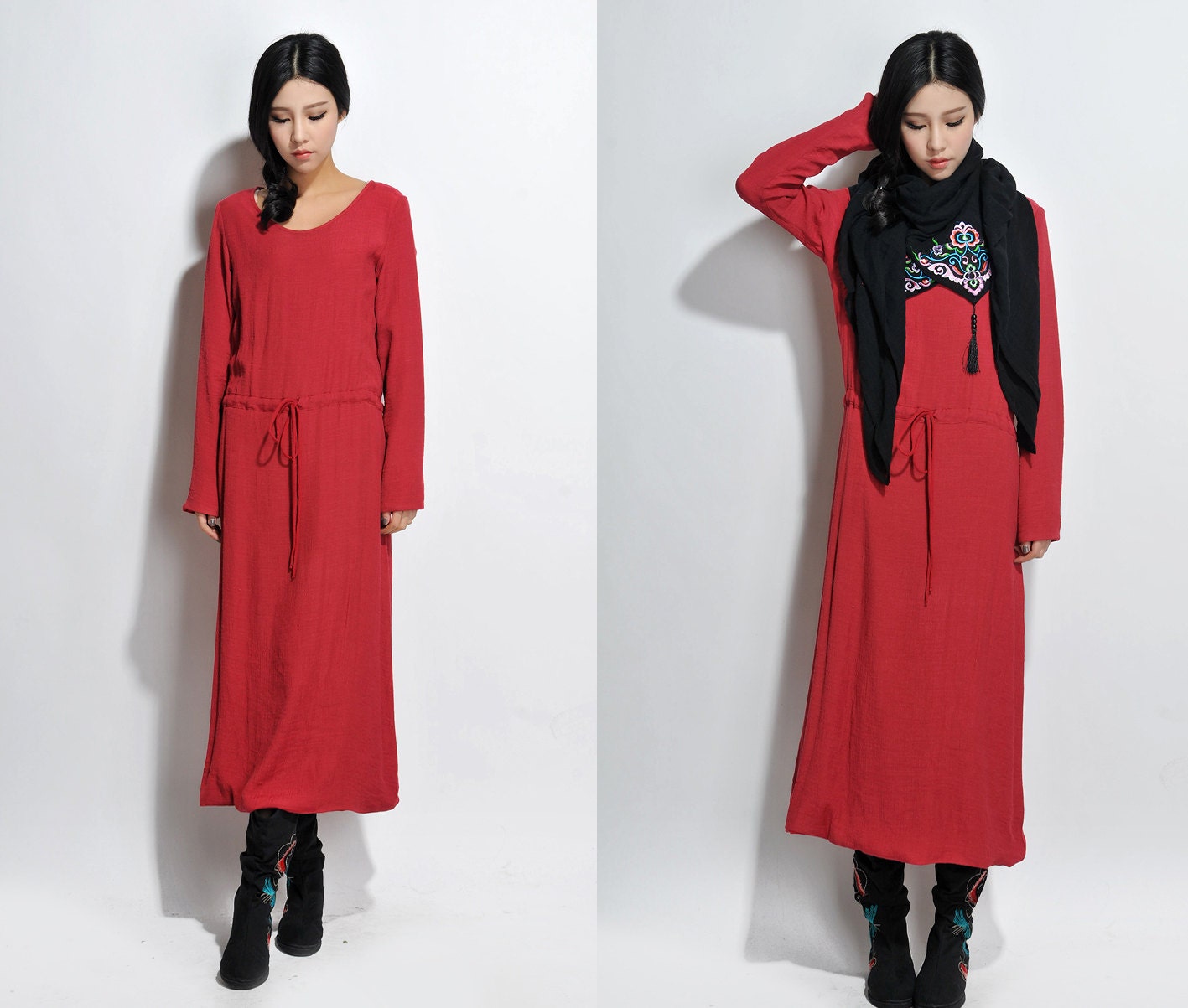 Reversible Long Silk Linen Blend Dress With Cotton Lining/ Any Size/9 Colors/ Ramies