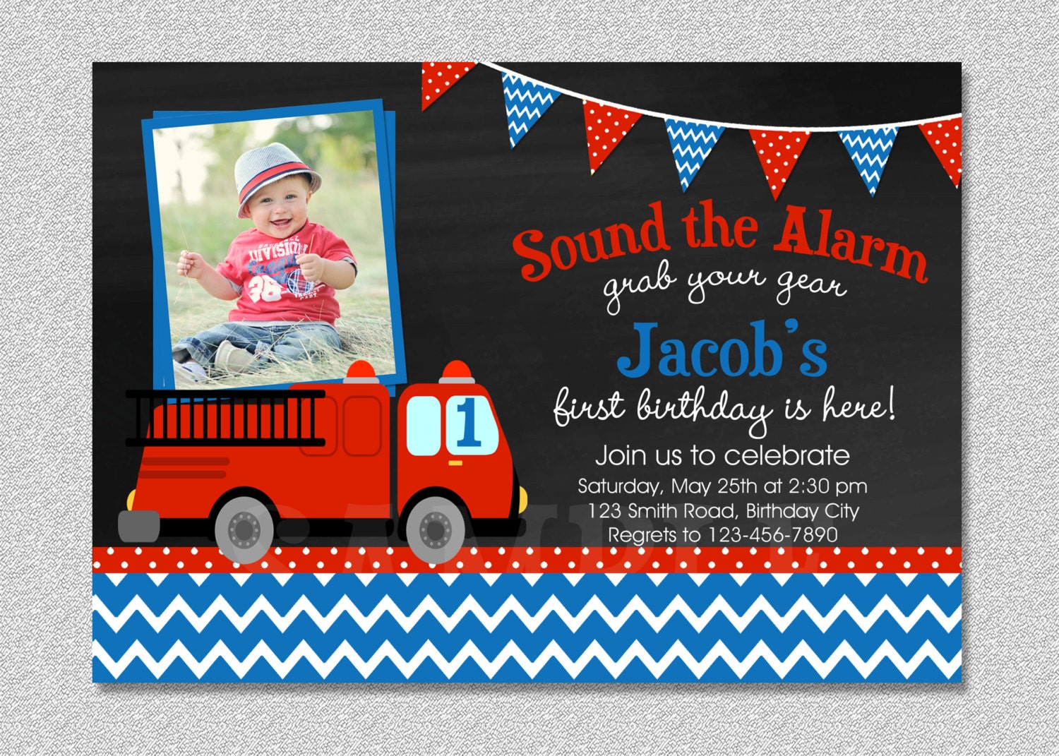 Fire Truck Fireman Birthday Invitation , Firetruck Party