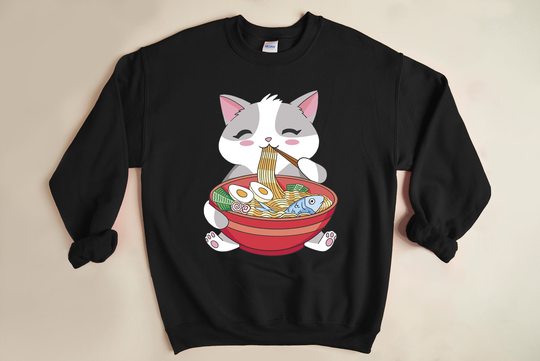 Cat Eating Ramen Sweater, Cute Lovers Hoodie, Gift For Her, Sweatshirt, Ramen, Noodle Lover Girls Sweater