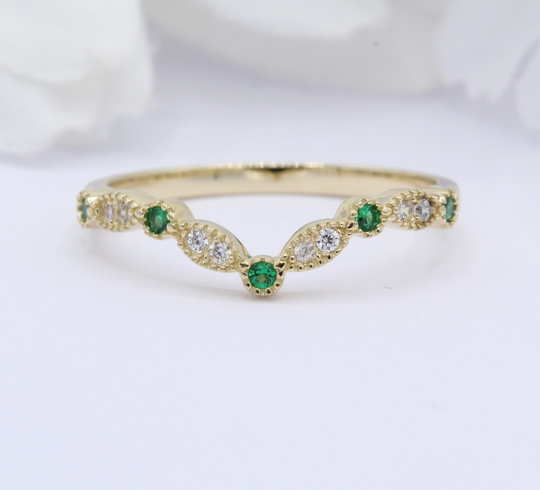 4mm Half Eternity Chevron Midi Ring V Art Deco Band For Wedding Curved Round Simulated Diamond 14K Gold Sapphire Emerald Ruby