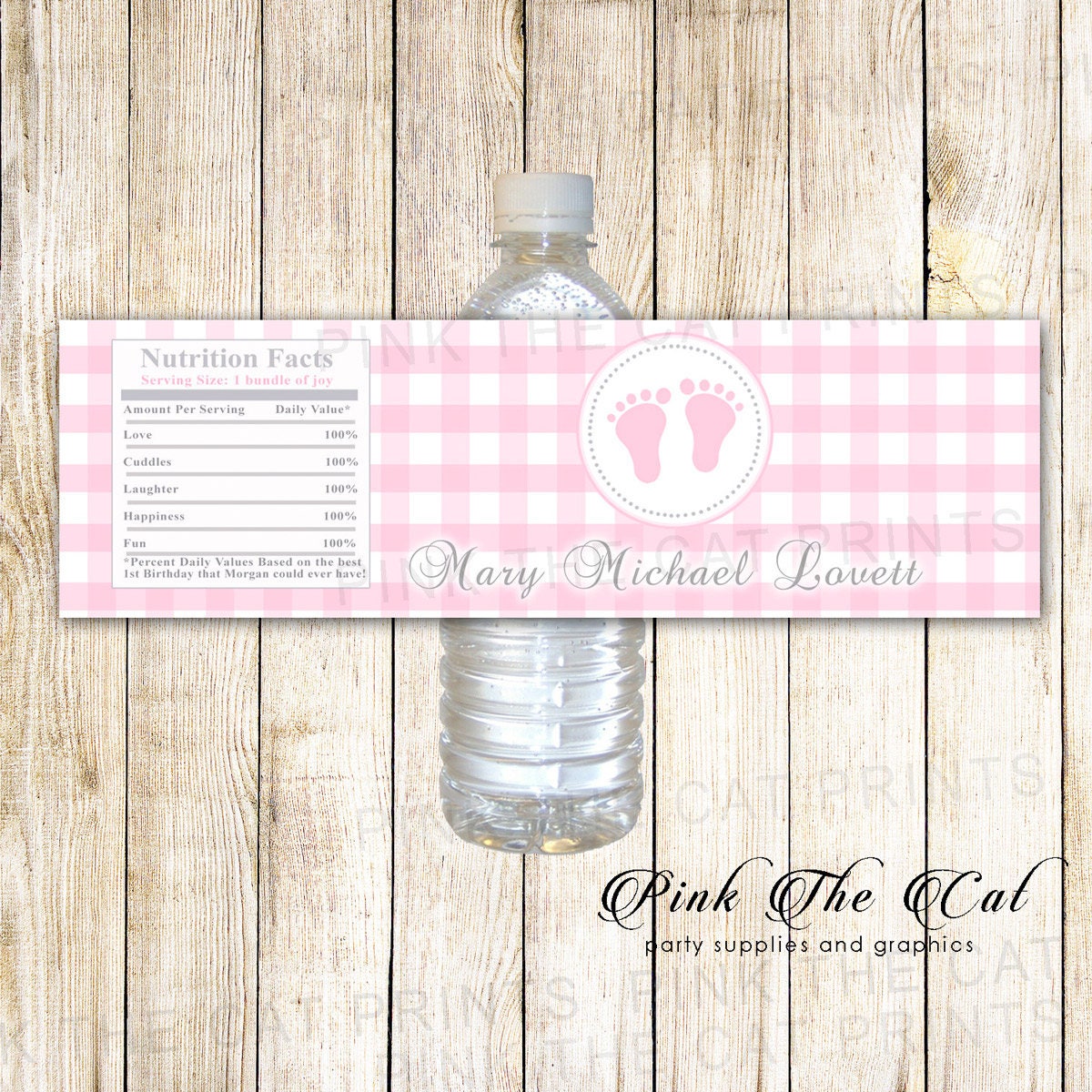Pink Gingham Bottle Labels Footprint Wrapper Girl Baby Shower Stickers Printable