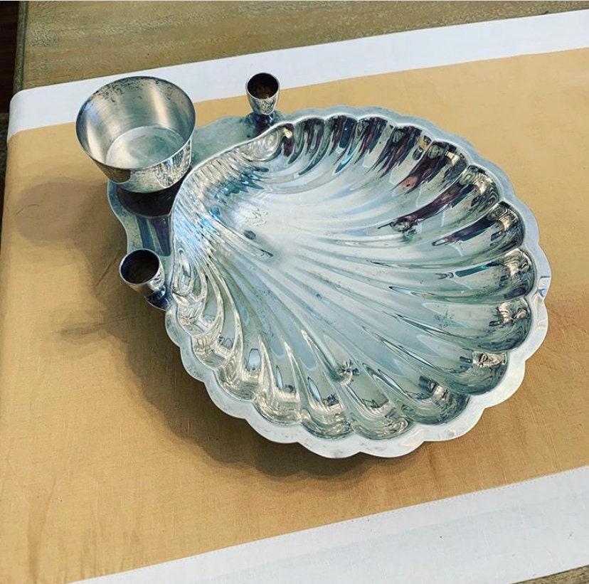 Silver Clamshell Seafood Serving Tray, Footed Platter, Candleholder With Koi Dolphin Fish Design