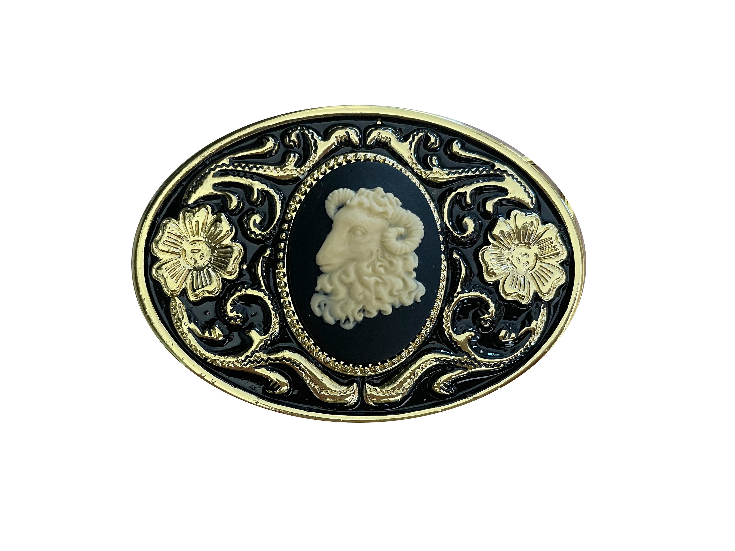 Ram Belt Buckle - Cameo Portrait Sheep Aries Astrology Sign Symbol Animal Big Horned Goat Cabochon Western Gold Engraved Mens Womens