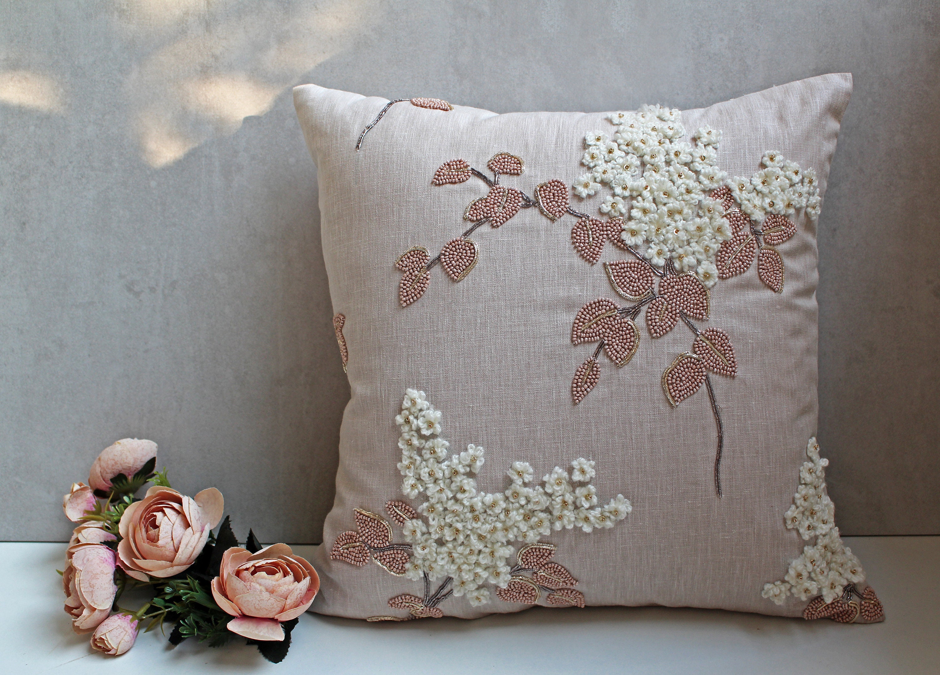 Light Taupe Cotton Linen Blend Pillow Wool Zari Embroidery Luxury Contemporary Throw Modern Hand Embellished Custom 171